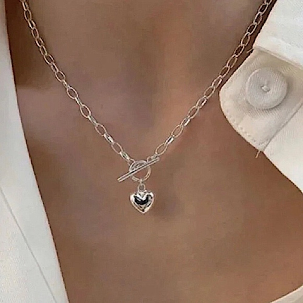 925 Sterling Silver Heart Toggle Chain Necklace Chunky Heart Necklace